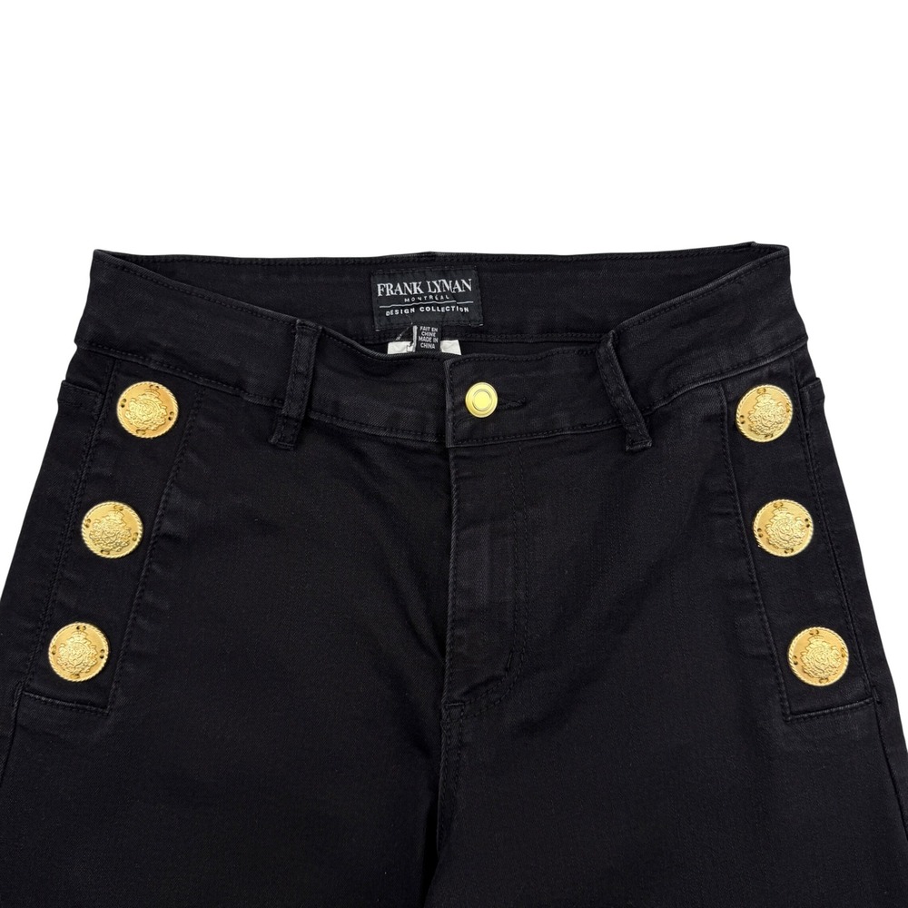 Frank Lyman Sailor Button Wide Leg Pants Women S Black Gold Crest Stretch Denim